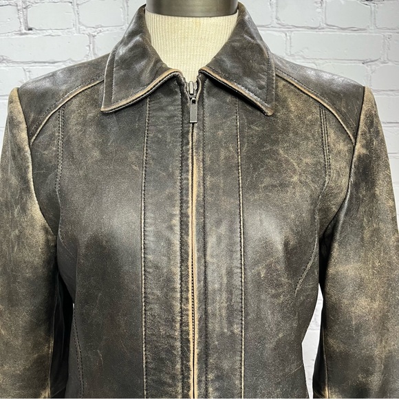 Vintage Valerie Stevens Zip Up Leather Jacket Fully Lined Distressed Brown Sz S - Picture 4 of 14